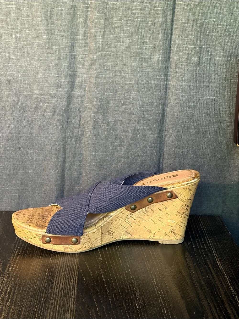 Report Navy Crisscross Cork Wedge Sandals